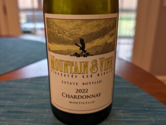 Image of a bottle of 2022 Mountain & Vine Chardonnay from the Monticello region of Virginia.