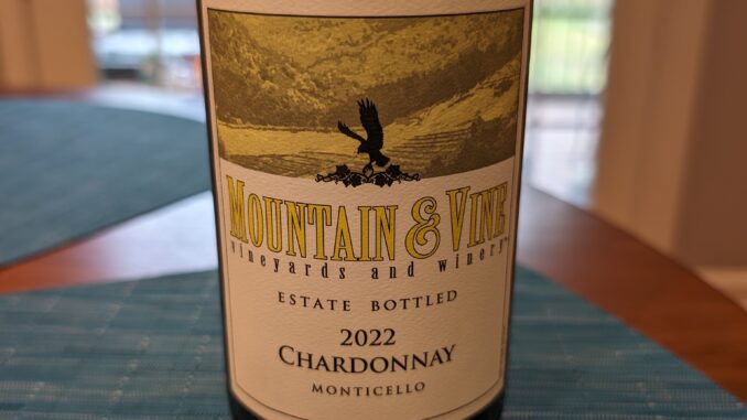 Image of a bottle of 2022 Mountain & Vine Chardonnay from the Monticello region of Virginia.