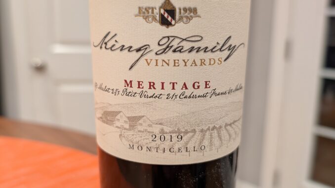 Image of a bottle of 2019 King Family Vineyards Meritage